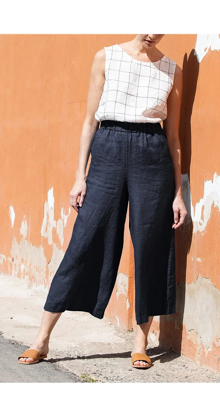Linen Wide Leg Trousers Women Drawstring Pull-On