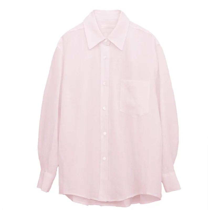 FJØRNA women's long sleeve linen blouse, lightweight and airy top with a relaxed fit, shown in natural fabric texture.