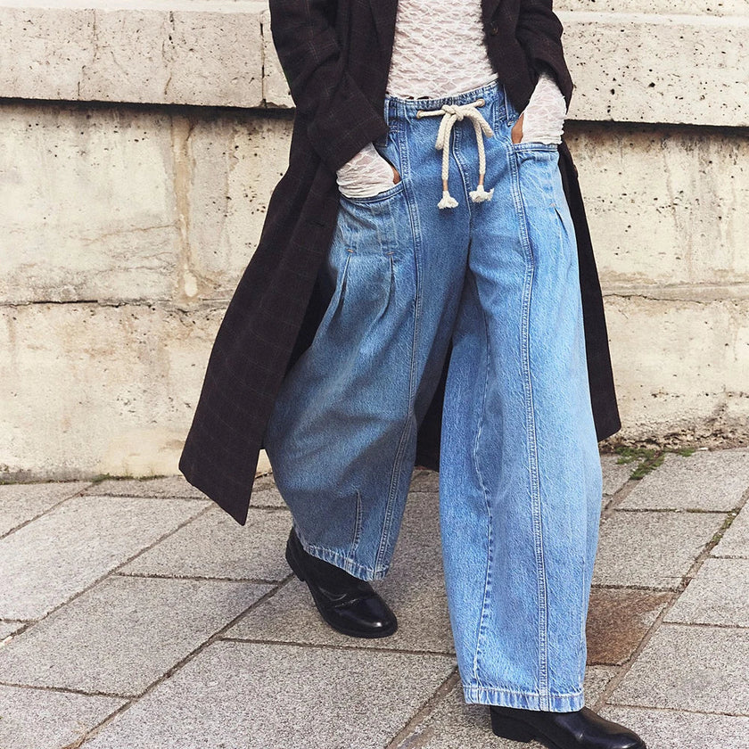 Cotton Jeans Women Wide Leg Drawstring