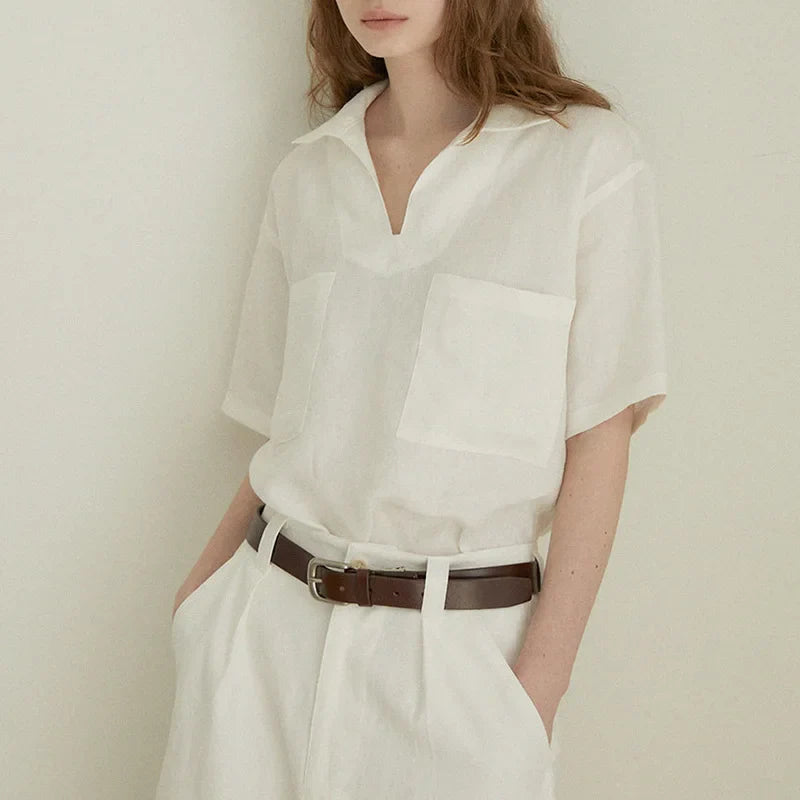 FJØRNA linen polo blouse for women with open collar, lightweight and breathable top perfect for casual and stylish summer wear