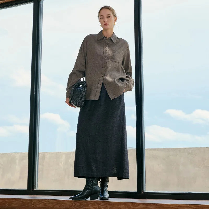 Women’s linen blend shirt by FJØRNA, casual tops featuring lightweight, breathable fabric and relaxed fit for everyday wear.
