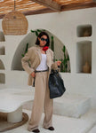 FJØRNA linen blend women's wide-leg high-waist trousers, stylish and comfortable pants with a relaxed fit and natural fabric texture.