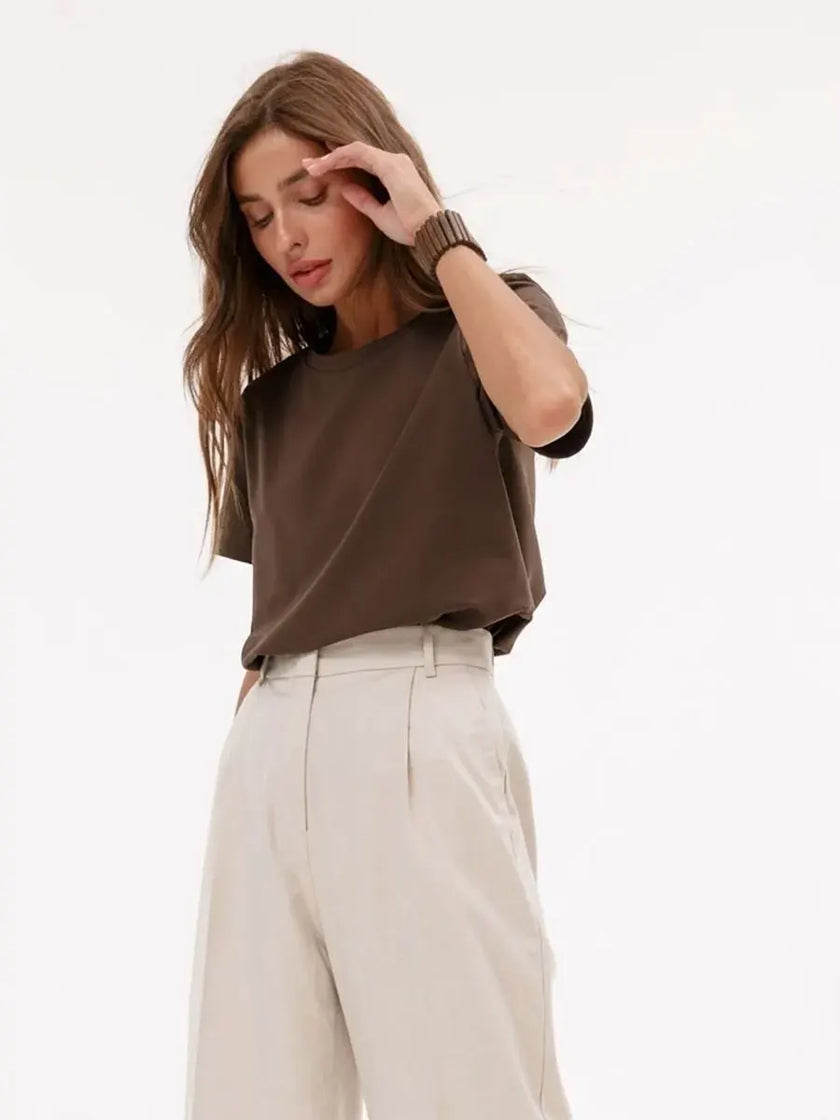 FJØRNA women's cotton T-shirt, casual tops with a soft fabric, shown in a front view, ideal for everyday wear.