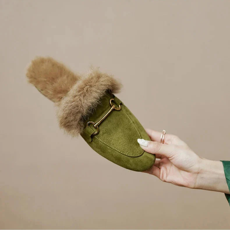 FJØRNA women's fur mule slippers with plush lining, slip-on design, cozy and luxurious footwear for comfortable indoor wear