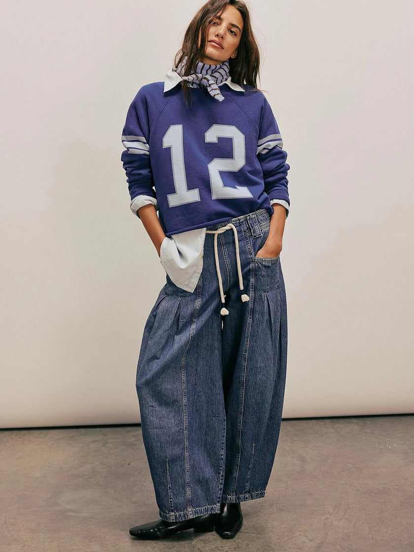 Cotton Jeans Women Wide Leg Drawstring