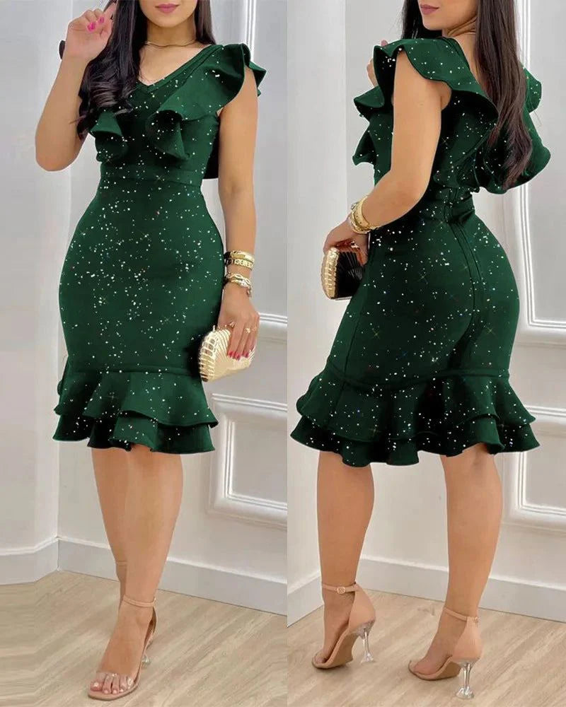 FJØRNA black neck bodycon slim mini dress, casual wedding dress style, fitted and stylish for casual or special occasions
