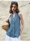 FJØRNA linen waistcoat for women with halter neck, sleeveless design, stylish top perfect for warm-weather outfits