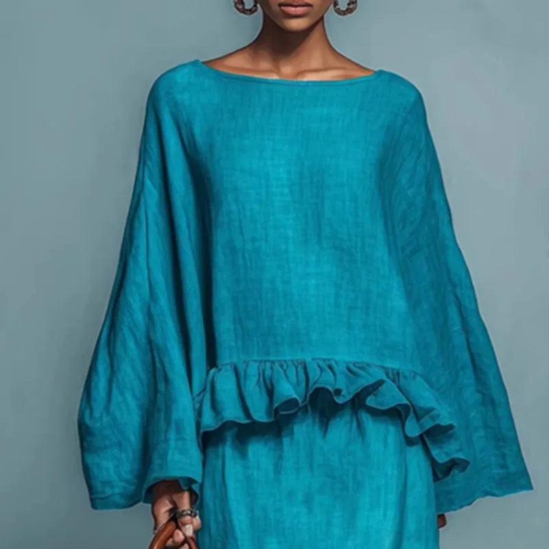 FJØRNA Hannah Bohemian two-piece set featuring a flowy top and matching wide-leg pants, perfect for casual or boho style.
