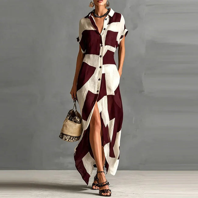 FJØRNA Victoria printed button-down maxi dress in white with floral pattern, flowing long dress for casual or summer wear