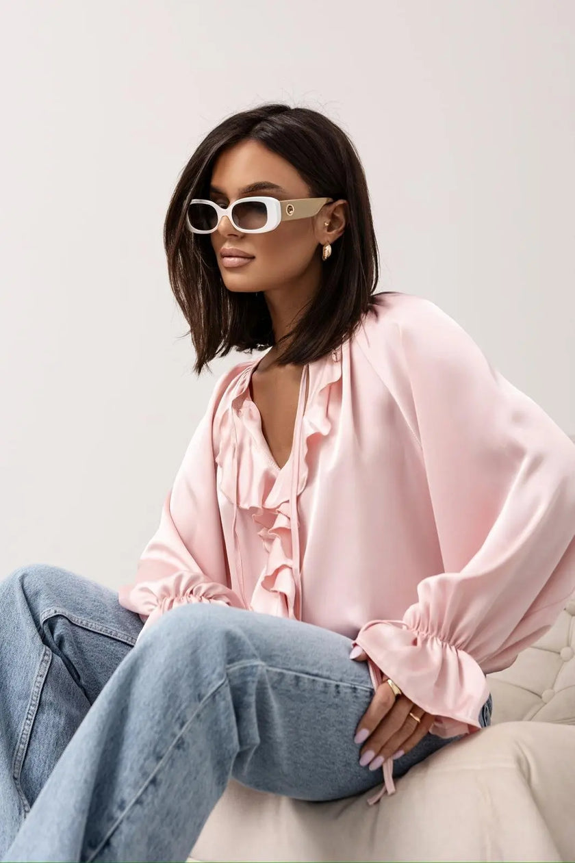 FJØRNA satin blouse for women with ruffle detail, stylish women's top featuring elegant fabric and feminine design.