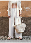 Knit Wide Leg Trousers Women Drawstring
