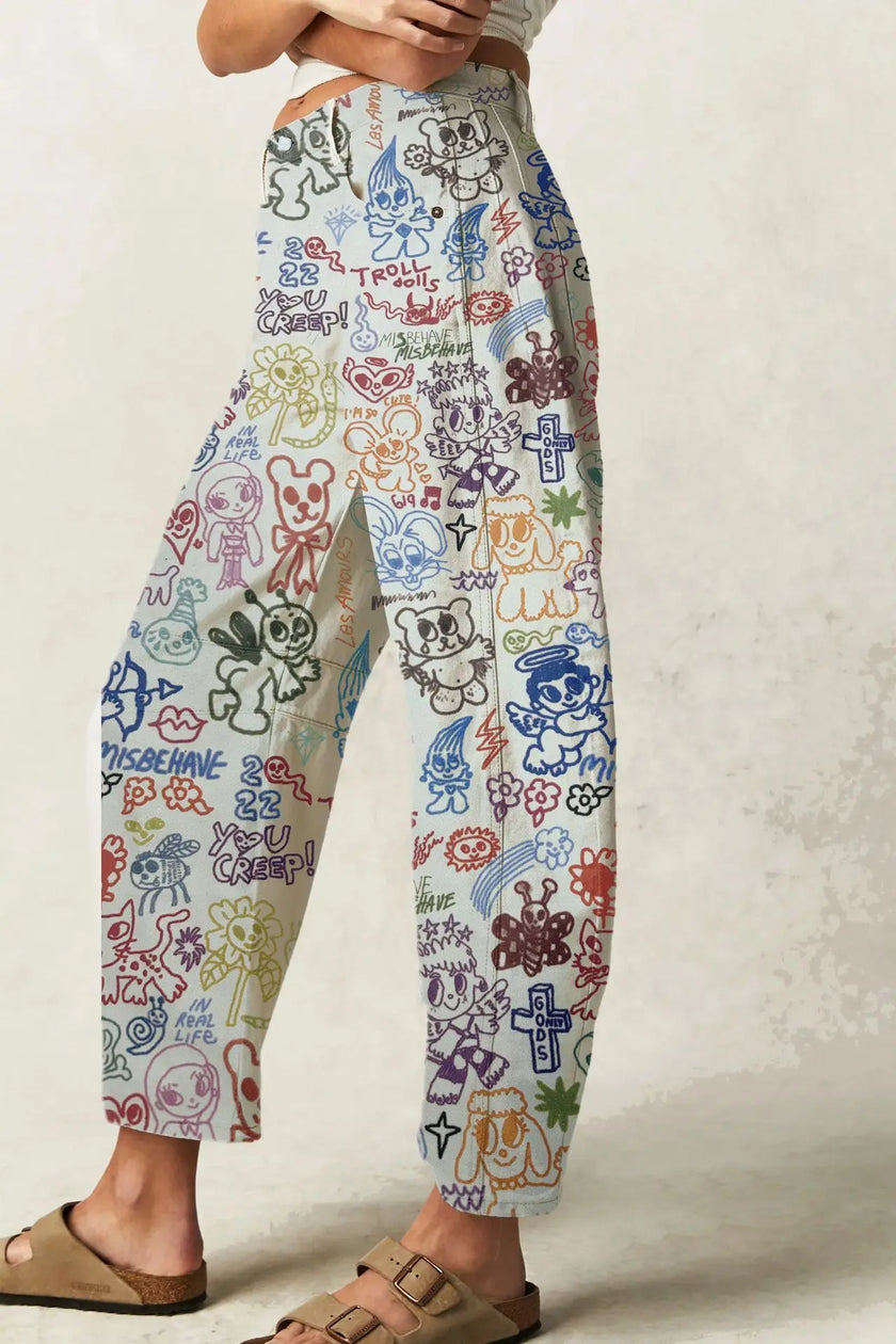 FJØRNA women's wide-leg denim jeans displayed on a model, showcasing relaxed fit and classic blue denim fabric.
