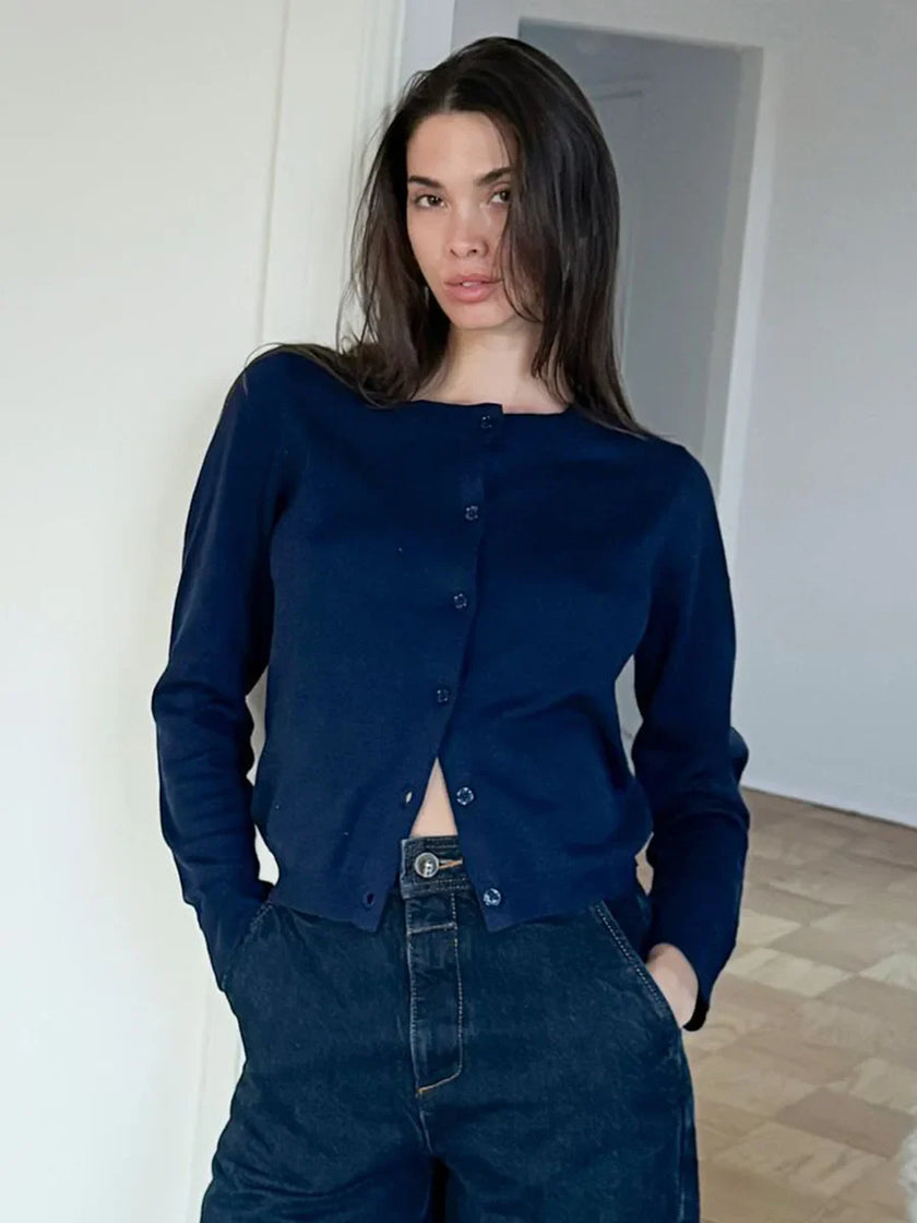 FJØRNA women's knit cardigan, soft and cozy tops for women, featuring a classic design with a button-up front and long sleeves.