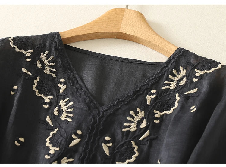 FJØRNA women's cotton V-neck blouse, stylish top with long sleeves and relaxed fit, ideal for casual and office wear