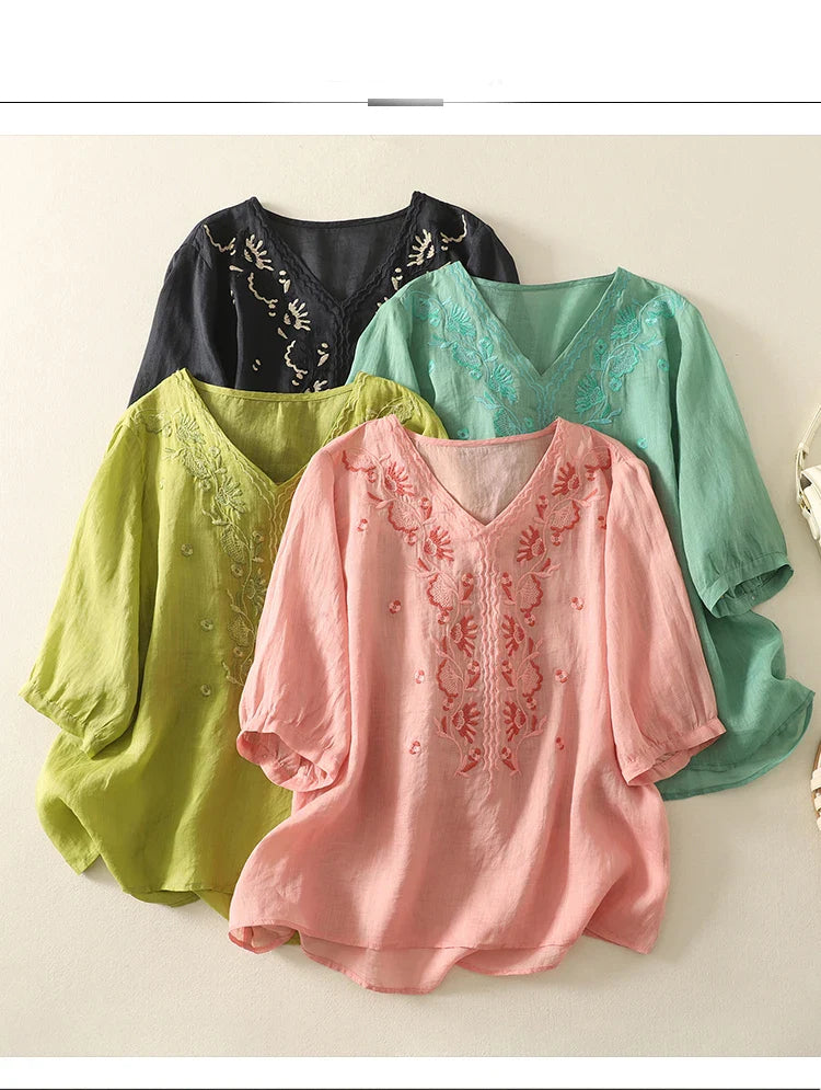 FJØRNA women's cotton blouse with V-neck, lightweight and stylish top for women, shown in a neutral color.