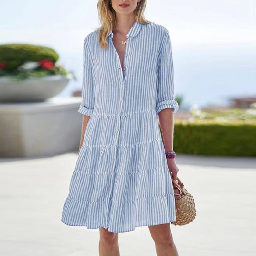 FJØRNA women's striped tiered summer mini dress with sleeveless design and casual fit, perfect for warm weather wear.