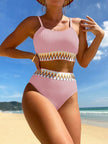 FJØRNA women's black chevron bikini set with retro high-waist, struture fabric, and spaghetti strap details, two-piece swimwear.