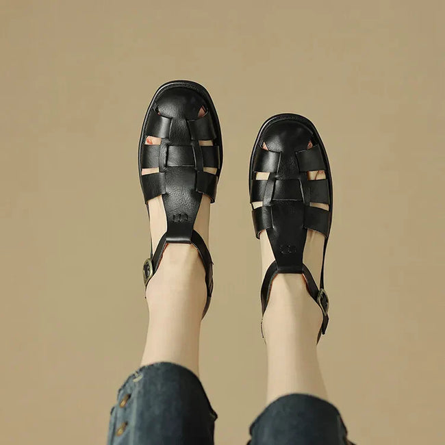 FJØRNA women's caged toe block heel fisherman sandals with buckle closure, stylish open-toe design and adjustable ankle strap