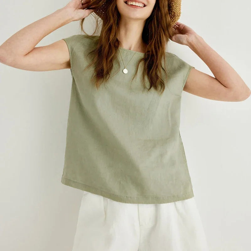 FJØRNA Petal Sleeve Linen T-Shirt in light fabric with petal sleeve design, showcasing a relaxed fit and natural linen texture.