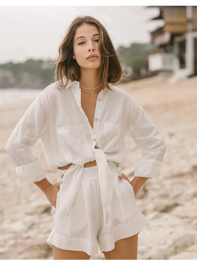 Extra-large linen shirt by FJØRNA with spacious pockets, shown in natural fabric texture and relaxed fit style.