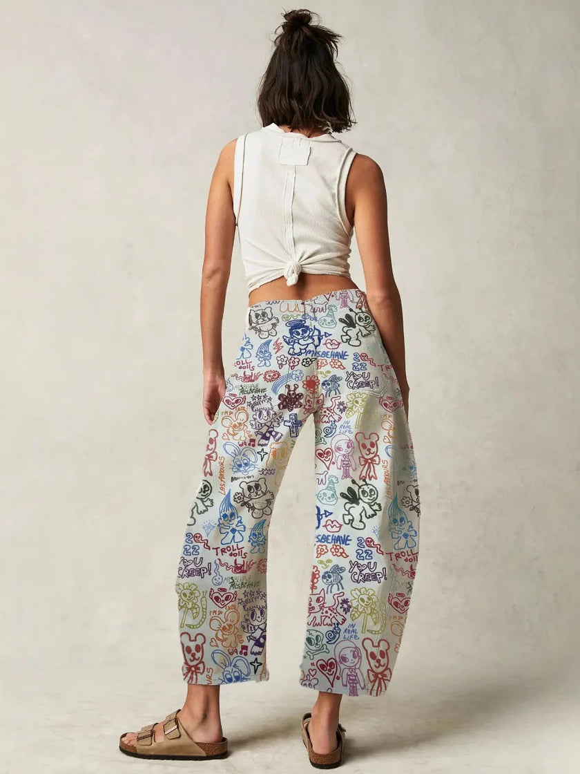 Women’s wide-leg denim jeans by FJØRNA, showcasing classic blue denim fabric and relaxed fit pants for casual style.