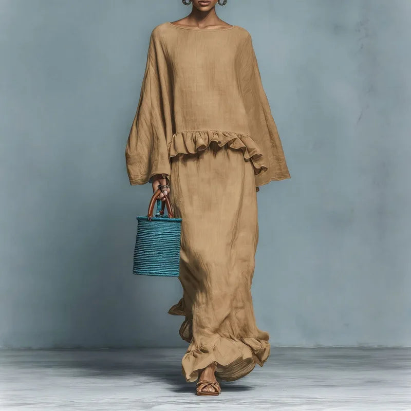 Hannah Bohemian two-piece set by FJØRNA featuring a patterned crop top and matching flowy skirt, stylish and comfortable for summer.