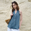 FJØRNA women's linen waistcoat with halter neck and sleeveless design, stylish top for warm weather.