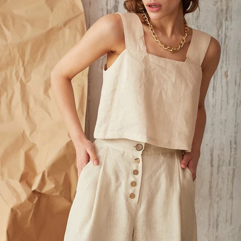 FJØRNA square neck linen cropped tank top in natural beige, lightweight and breathable fabric, perfect for summer wear