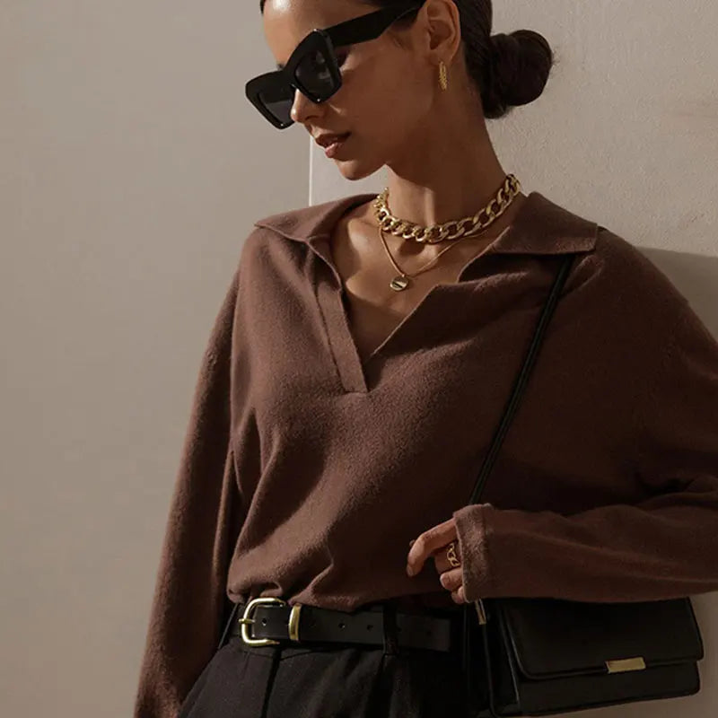 Knit Polo Top Women Collar