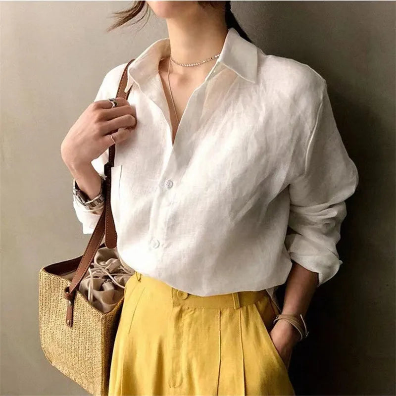FJØRNA women's linen shirt with open collar, lightweight and breathable tops for women, shown in a relaxed fit style.