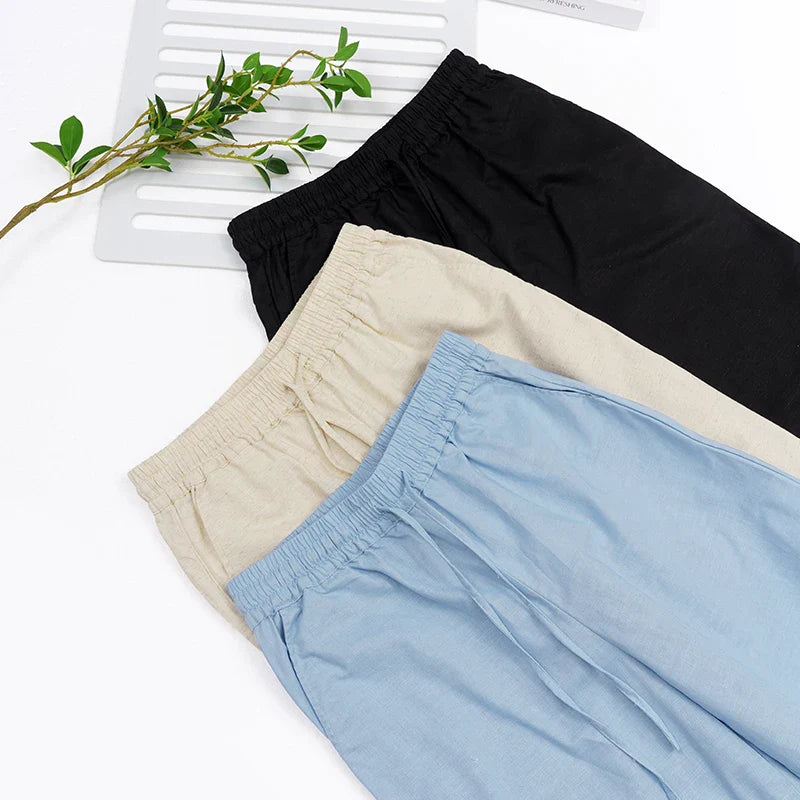 FJØRNA cotton linen wide-leg women's trousers with drawstring, pull-on style, comfortable and stylish for casual wear