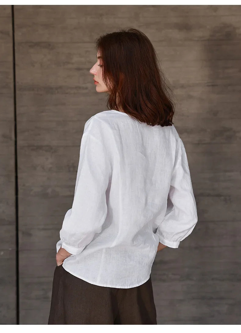 Linen Blouse Women V-Neck