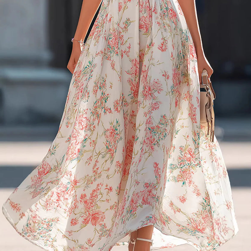 FJØRNA Fiona flowy halter maxi dress in soft fabric, featuring a relaxed fit and elegant design for summer or formal wear.