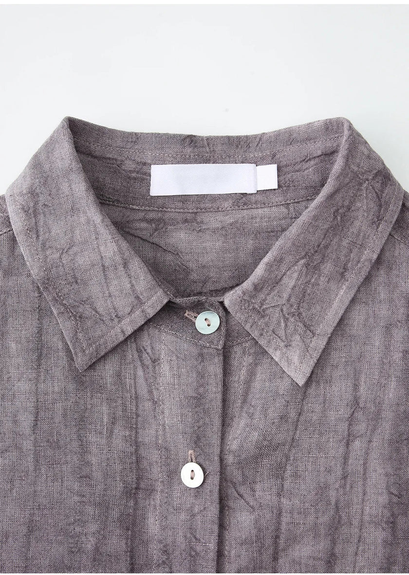 FJØRNA women's linen pleated shirt, lightweight and breathable tops, featuring a relaxed fit and elegant pleats.