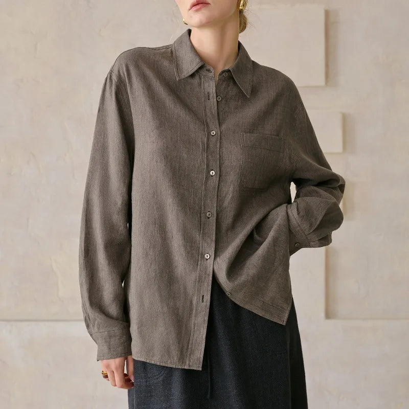 FJØRNA women's linen blend shirt, lightweight and breathable top with long sleeves and a relaxed fit, in natural fabric.