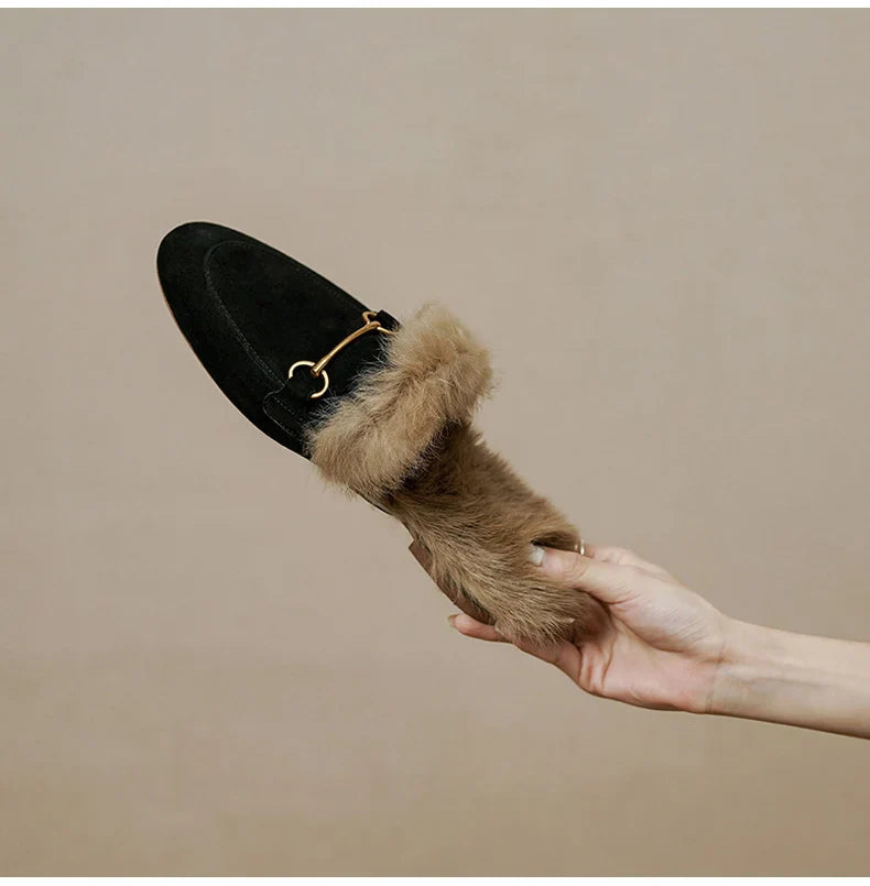 FJØRNA women's fur mule slippers with plush lining, slip-on luxury shoes for women, cozy and stylish indoor footwear