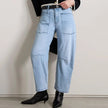 FJØRNA women's denim barrel leg jeans, casual pants with a relaxed fit, shown on a model with a neutral background.