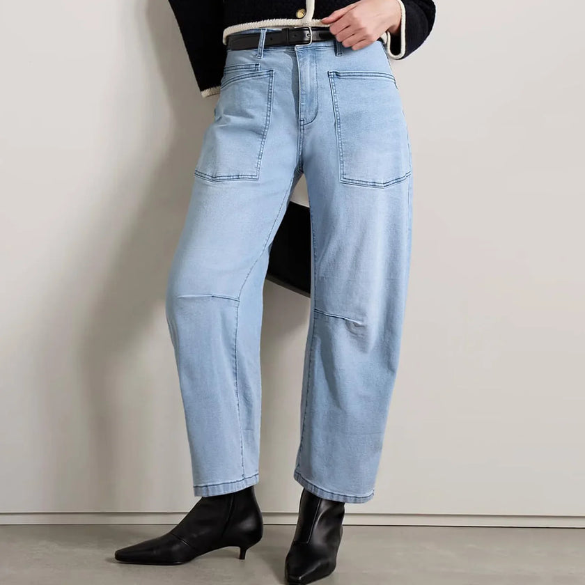 FJØRNA women's denim barrel leg jeans, casual pants with a relaxed fit, shown on a model with a neutral background.