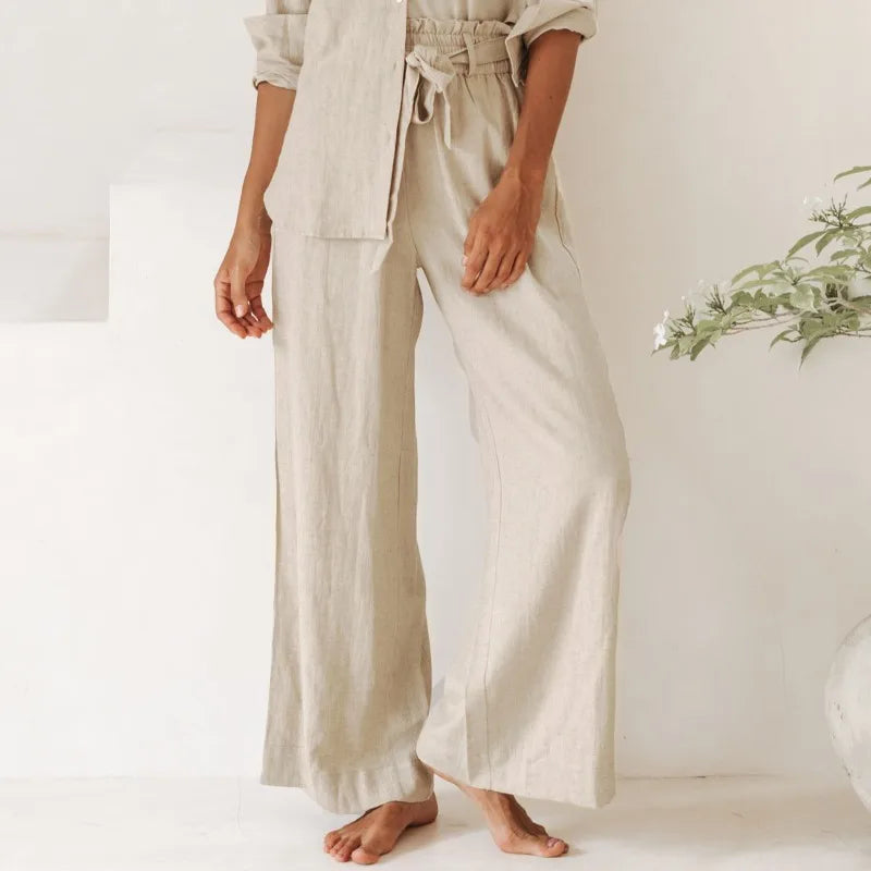 FJØRNA women's linen wide leg trousers with elastic waist and ruffle detail, casual and comfortable pants for stylish wear.