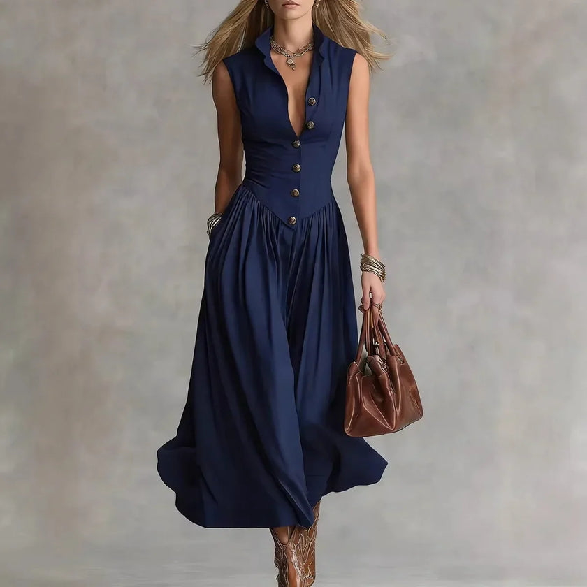 FJØRNA Martina elegant flowy midi dress in soft fabric, with a flattering silhouette and delicate design, perfect for special occasions.