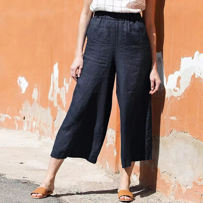 Linen Wide Leg Trousers Women Drawstring Pull-On