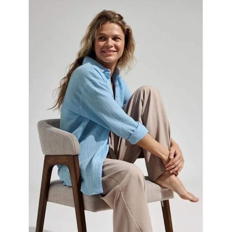 Lacceti Valencia 100% Cotton Summer Shirt displayed on a hanger, showcasing lightweight breathable fabric and classic design.