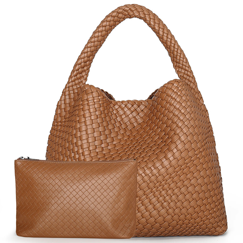 Ingrid | Handwoven Faux Leather Tote Bag with Clutch – Chic & Spacious
