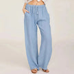 FJØRNA women's cotton linen wide leg trousers with drawstring, pull-on style, relaxed fit, comfortable casual pants