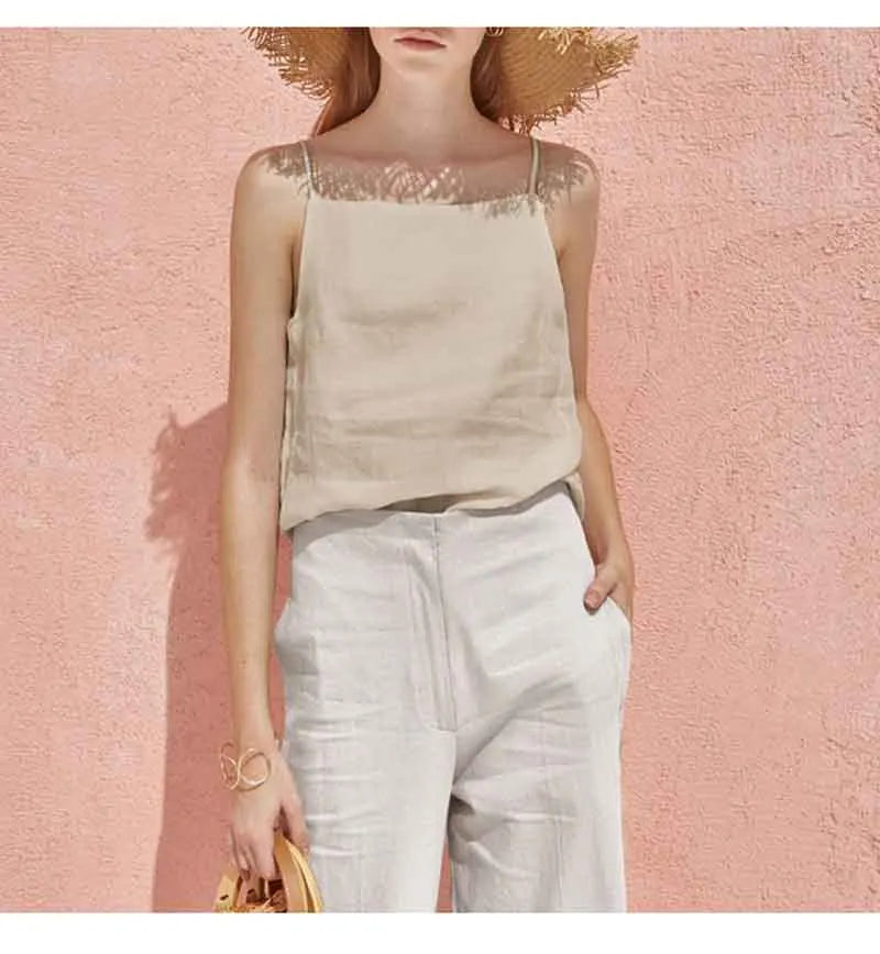 FJØRNA satin-trimmed linen cami top in neutral tones, featuring delicate satin edging and lightweight linen fabric.
