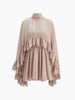 FJØRNA women's ruffle chiffon mini dress with high neck, long sleeves, layered fit, ideal for cocktail or party occasions.