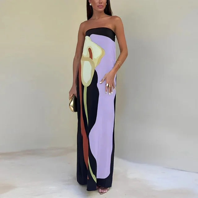 FJØRNA Ruby summer white dress with sexy avocado print, backless design, off-shoulder straps, elegant casual style for women.