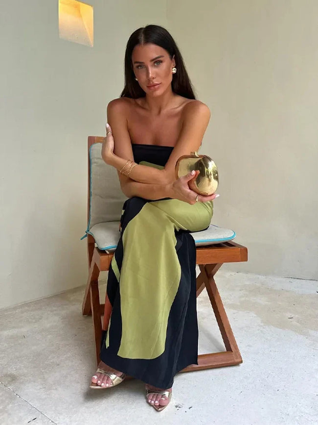 FJØRNA Ruby summer white dress with avocado print, strapless, off-shoulder, loose fit, chic maxi dress for women.