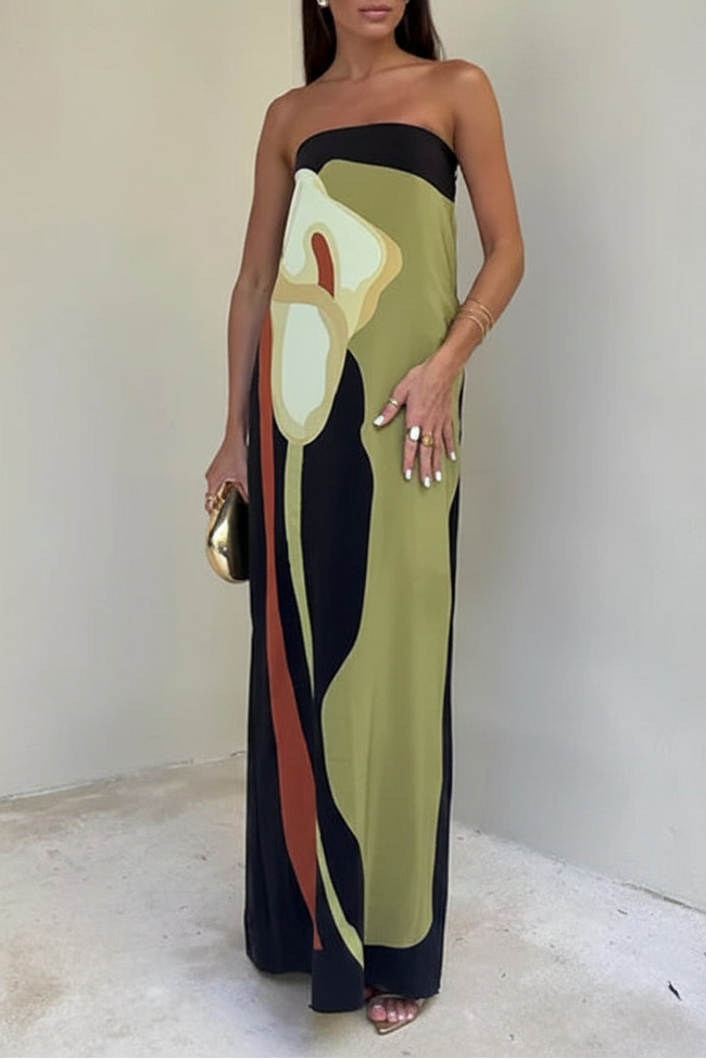 FJØRNA Ruby summer dress featuring a white strapless design with avocado print, off-shoulder style, perfect for chic summer wear
