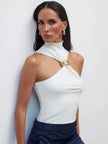 FJØRNA women's silk halter neck top, stylish and elegant, shown in a close-up image highlighting the smooth fabric and neckline.